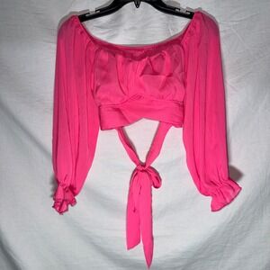 Lyaner Hot Pink Barbie Core Tie Back Crop Top Long‎ Lantern Sleeve Size Medium